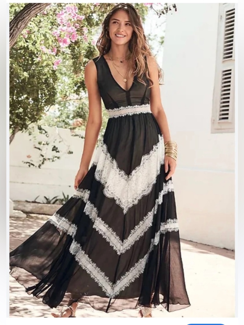 VENUS Black Maxi Dress with White Lace Trim